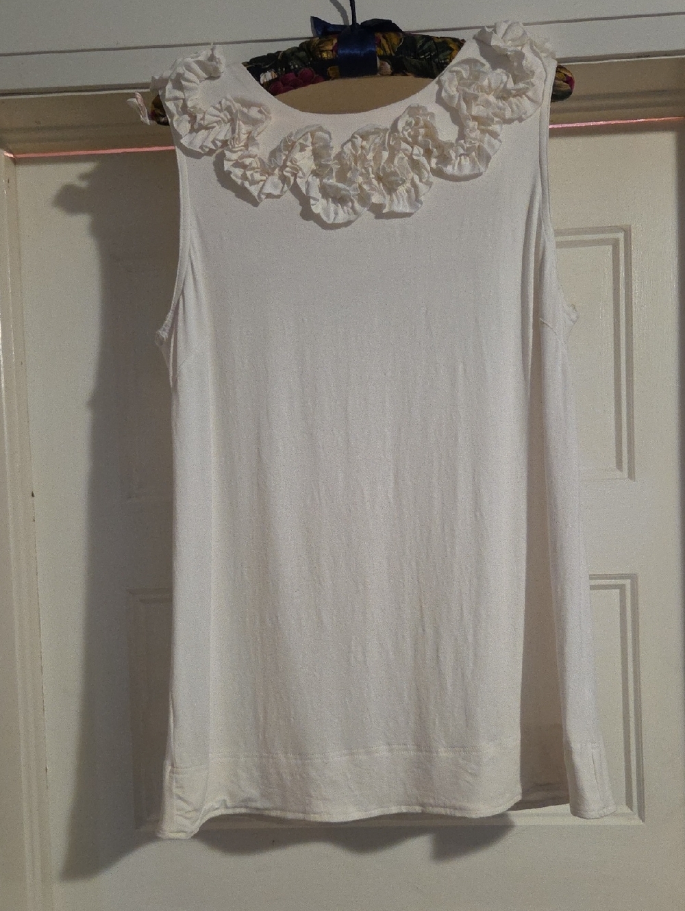 White Floral-Trim Sleeveless Top